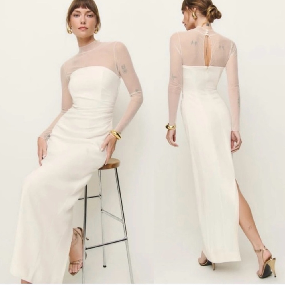 Reformation Adalia Pearl Button Ivory Sheer Sleeve Wedding Dress